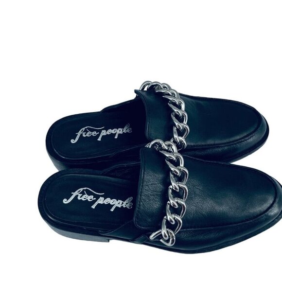 Free People Vida Mules 37 Black Leather Silver Link Chain Slip On Loafer - Picture 8 of 12